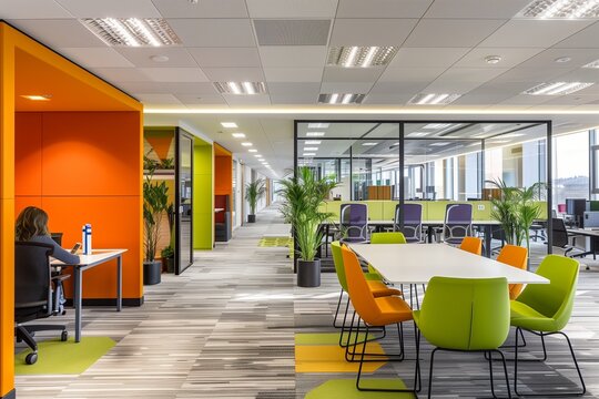 A bright, airy office with an open floor plan, featuring collaborative pods, acoustic panels for sound dampening, vibrant accent colors, and a large communal table in the center.