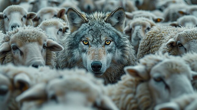 A wolf concealed within the guise of sheep, guiding their path or lurking, anticipating the opportune moment to execute its hidden motives, embodying the concepts of identity and difference, the singu