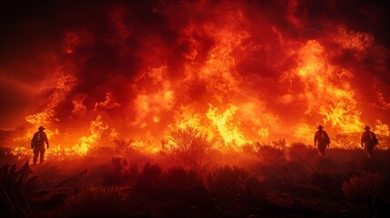 Firefighters Against Towering Flames at Night. Silhouetted firefighters stand against towering flames during a massive wildfire at night, creating a dramatic scene.