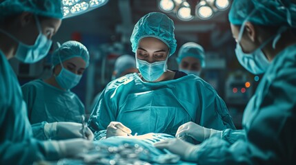 Team of Surgeons Performing Complex Surgery. Team of surgeons, dressed in scrubs and masks, performs a complex surgical procedure in a modern operating room.