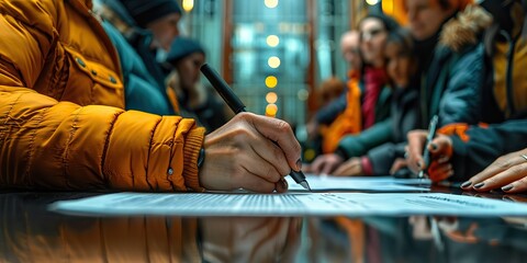 A close-up image depicts a diverse group of activists signing a petition advocating for policy changes that advance social equality and human rights.