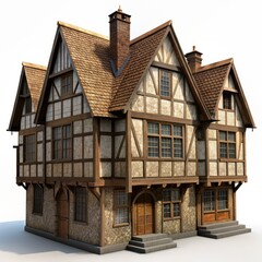 Naklejka premium 3D Render of a Tudor Manor House, on isolated white background, Generative AI