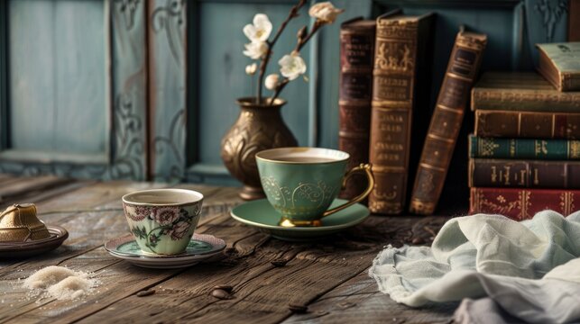 Coffee cup sugar bowl and old books on wooden table