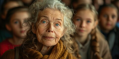 An image capturing the intergenerational cooperation between a senior mentor and a group of students engaged in a community service project, where the senior shares their wisdom and guidance