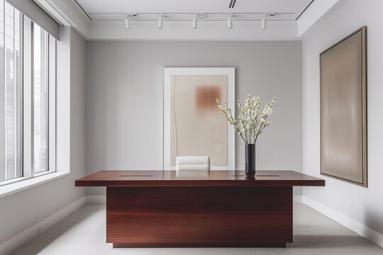 A minimalist executive office with a large mahogany desk, a single vase with fresh flowers, clean lines, large windows with natural light, and modern art pieces on the walls.