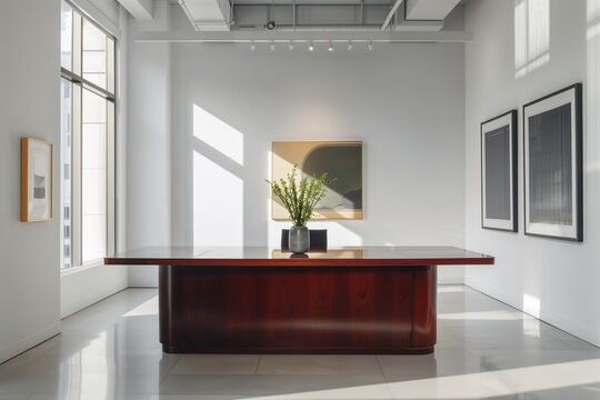 A minimalist executive office with a large mahogany desk, a single vase with fresh flowers, clean lines, large windows with natural light, and modern art pieces on the walls.