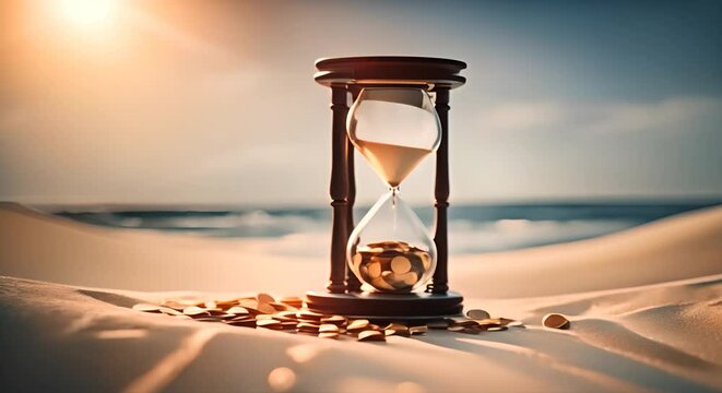 Minimalist hourglass with coins instead of sand running out. The concept of fleeting wealth