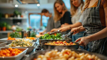 A close-up image showcasing intergenerational cooperation between students and senior citizens as they cook a meal together in a community kitchen, exchanging culinary wisdom and learning from one