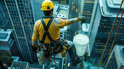 Rope access painter wearing yellow hard hat, long sleeve shirt, full safety harness, carrying white bucket, working, maintenance services at high rise building site. copy space for text.