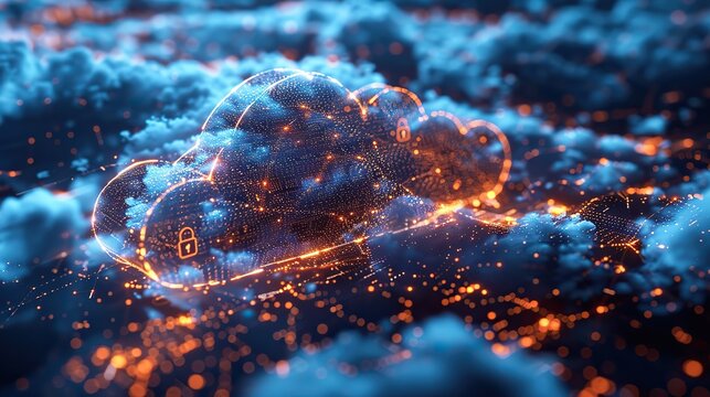 Secure Cloud Computing Diagram featuring Dynamic Compositions, Central Lock Symbol, and Network Connections with Ample Copy Space
