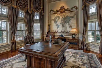 An executive office with a large mahogany desk, a luxurious leather blotter, an antique map on the wall, floor-to-ceiling windows with heavy drapes, and a cozy reading nook in the corner.