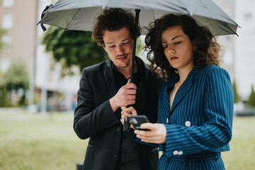 Two business colleagues sharing a moment under an umbrella, looking at a smart phone, possibly discussing work on a rainy day.