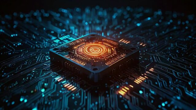 This is an illustration of a glowing orange and yellow computer chip with blue circuit lines on a black background.