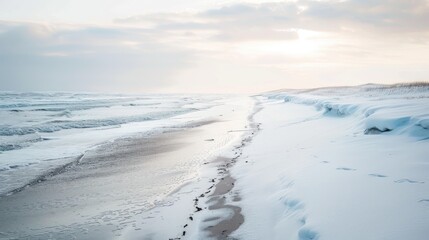 Obraz premium Snowy Beach in Winter Serene Shore with Gentle Sea and Soft Light Tones
