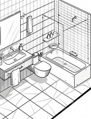 Plan en perspective isométrique salle de bains contemporaine avec baignoire, lavabo et toilettes suspendues, mettant en valeur un carrelage soigné et une disposition optimisée.