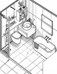 Plan en perspective isométrique, salle de bains moderne avec douche à l'italienne, baignoire, lavabo, et toilettes, mettant en valeur un design épuré et fonctionnel.