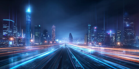 Fototapeta premium Futuristic Urban Cityscape at Night with Glowing Light Trails, High-Tech Metropolis Skyline, Smart City Concept, Digital Transportation Network View