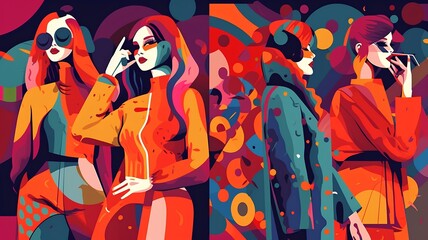 Fashion illustration of beautiful young women in bright clothes. Vector illustration.