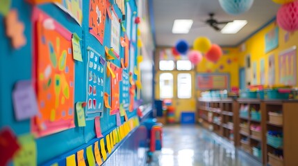 Vibrant Classroom Bulletin Board with Blurred Background Showcasing Student Creativity