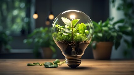 a brilliant lightbulb with indoor plants and verdant foliage. supports the idea of leveraging sustainable resources and usage data to save electricity bill costs and generate clean, renewable energy