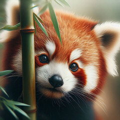 A close-up portrait of a red panda cub peeking curiously out from behind a bamboo stalk