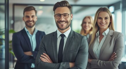 A group of four professional individuals posing confidently in a modern office setting, with a focus on the smiling man in front
