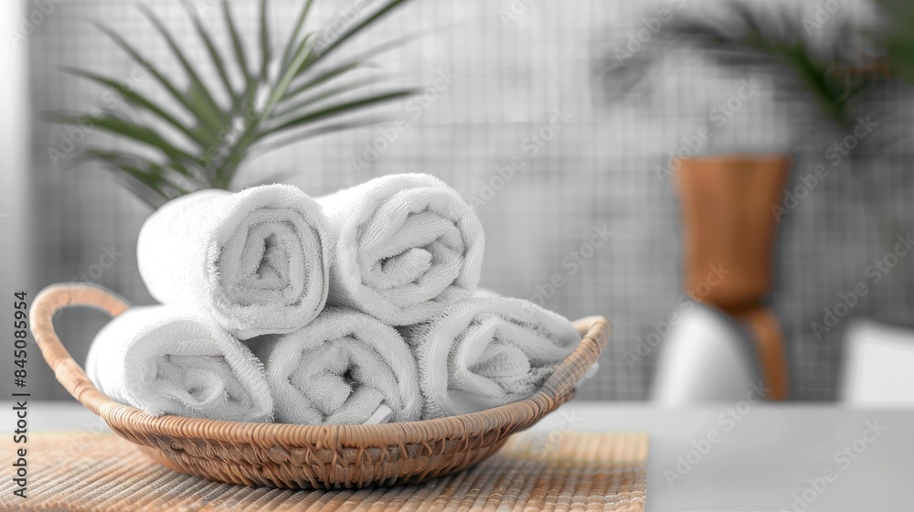 Wall mural Clean towels in a basket on a table with a transparent background