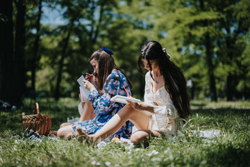 Two sisters painting while sitting in a lush park, with a picnic basket beside them, enjoying a beautiful sunny day together.