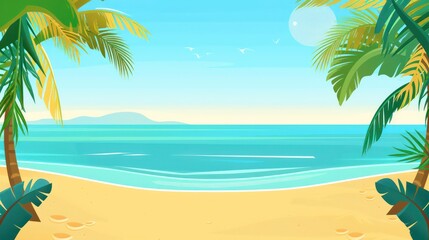 Naklejka premium Digital illustration of a serene tropical beach with clear blue skies, palm trees, and calm seas capturing a perfect holiday scene