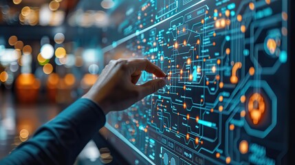 Obraz premium A transparent touchscreen displays a dynamic and dramatic digital workflow diagram, showcasing automation in DevOps cloud technologies, as an IT specialist manipulates the visualization, leaving ample
