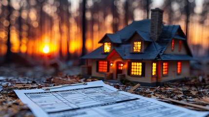 Model house ravaged by disaster, flanked by a property insurance claim form highlighting coverage during crises, against a blurred backdrop offering ample copy space.