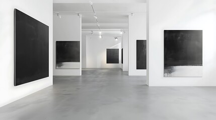 A contemporary art gallery with white walls, featuring a series of black and white minimalist paintings that create a stark and striking visual contrast.