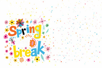 'Spring Break' texte en anglais avec des fleurs et des confettis multicolores sur fond blanc espace négatif copyspace, célébration des vacances de printemps. Invitation à la fête et à la détente 