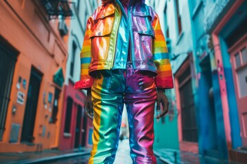 A person in a rainbow outfit stands in front of a colorful building. Concept of individuality and self-expression, as the person is wearing a unique and vibrant outfit. LGBTQ+ essence of Pride Month