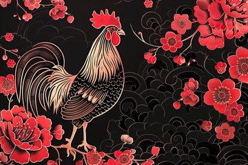coq majestueux entouré de fleurs rouges éclatantes sur un fond noir richement orné de motifs nuageux dorés, année du coq astrologie zodiaque Nouvel An chinois Têt