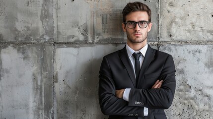 A professional looking young man in a suit stands confidently with arms crossed against a textured concrete wall