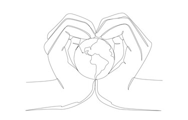 Continuous one line drawing of hands form heart shape to hold globe, environmentally friendly or save our planet concept, single line art.
