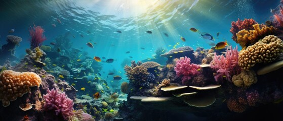 Fototapeta premium Tropical Paradise: Vibrant Underwater Coral Reefs and Colorful Fish in Clear Blue Waters