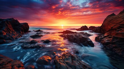 Fototapeta premium Serene Sunset Majesty: Captivating Ocean Sunset with Vibrant Warm Colors