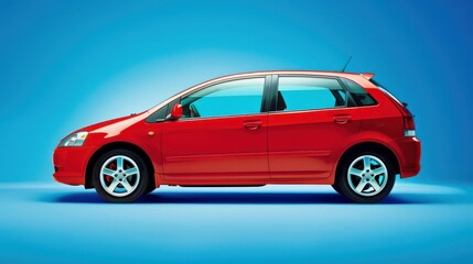 Fototapeta premium Side profile of a bright red hatchback car against a vibrant blue backdrop, wheels visible, sleek design evident