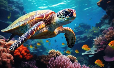 Obraz premium Tranquil Underwater Harmony: Sea Turtle Gliding Through Vibrant Coral Reefs and Colorful Fish in Crystal Clear Waters