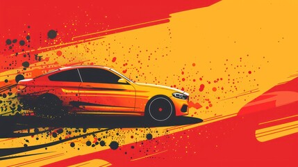 An artistic rendition of a sports car in high speed motion with a red and yellow abstract background