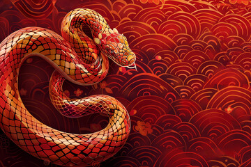 Serpent majestueux enroulé sur un fond rouge richement décoré de motifs ondulants et floraux, art asiatique traditionnel. Nouvel an chinois ou Têt année du serpent signe astrologique zodiaque