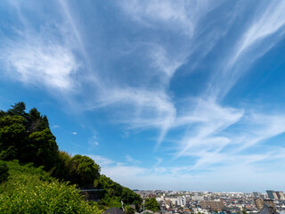 青空と高尾山から見る柏原市の街並み