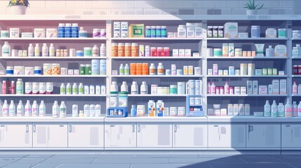 Well-Stocked Pharmacy Interior with Shelving and Products