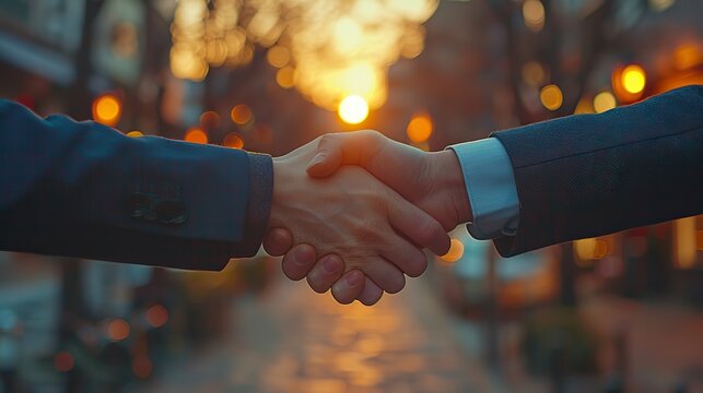 A businessman's handshake against a sunset workplace backdrop signifies a successful business deal and partnership, as evidenced by the contract agreement.