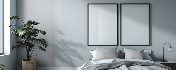 A minimalist bedroom with a light grey wall, displaying two medium-sized empty black frames vertically aligned.