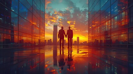 Corporate handshake against a double exposure backdrop of abstract city skylines at sunset, symbolizing partnership success, business agreements, cooperative ventures, and business contracts.