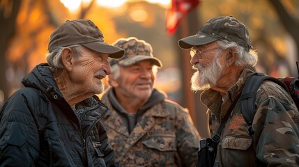 Fototapeta premium Around a flagpole adorned with the American flag, a group of veterans, including women and men from different eras, shared stories and laughs, creating a warm atmosphere in the afternoon sun.