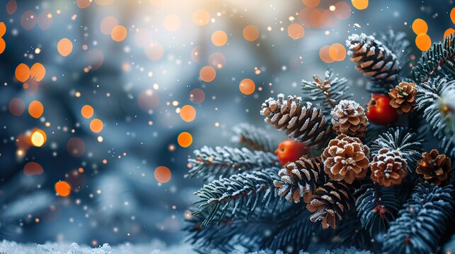 pine tree branch decorated with pine cones and red berries. The branch is covered in snow, and there are blurred, warm-colored lights in the background.